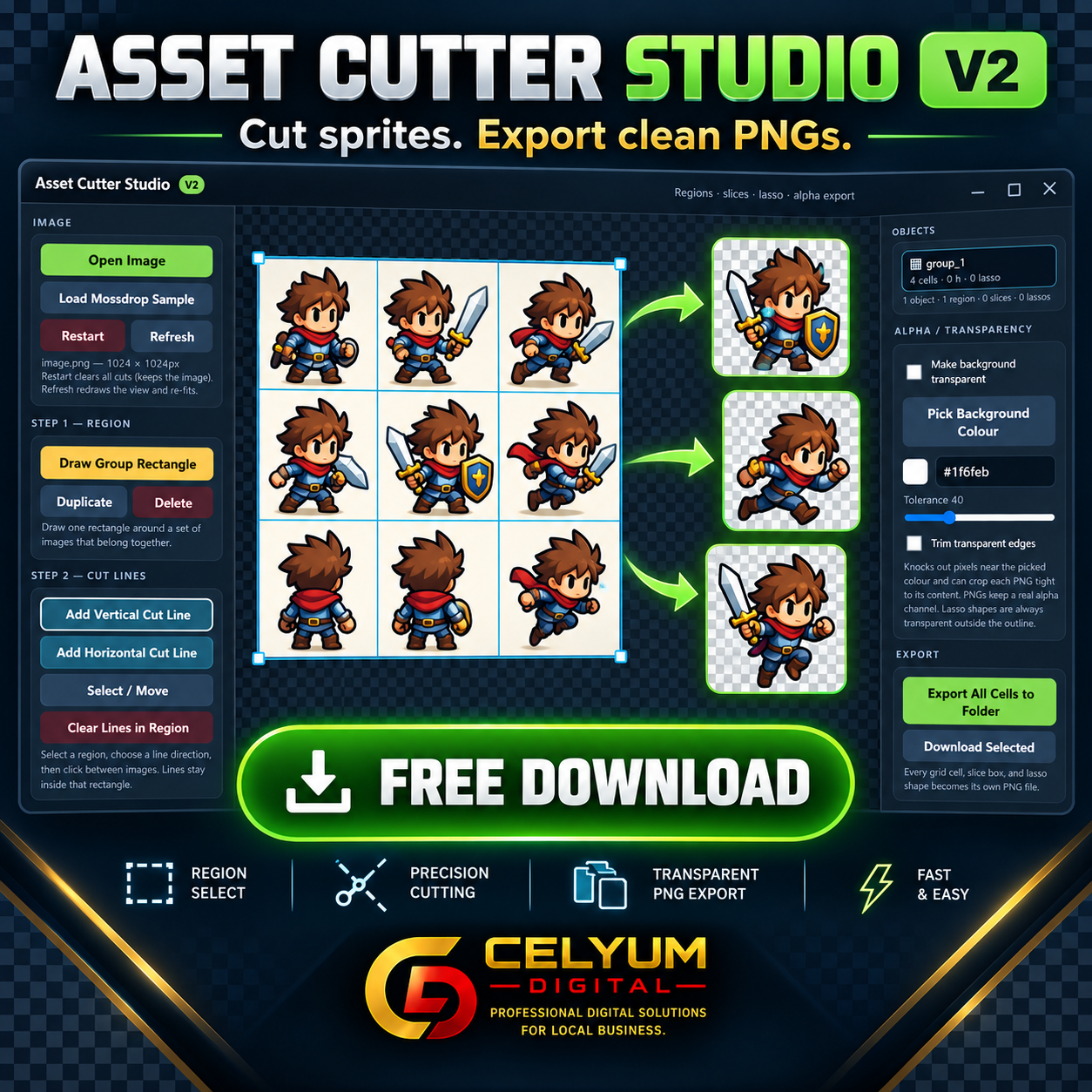Asset Cutter Studio V2 promotional image, free download from Celyum Digital.