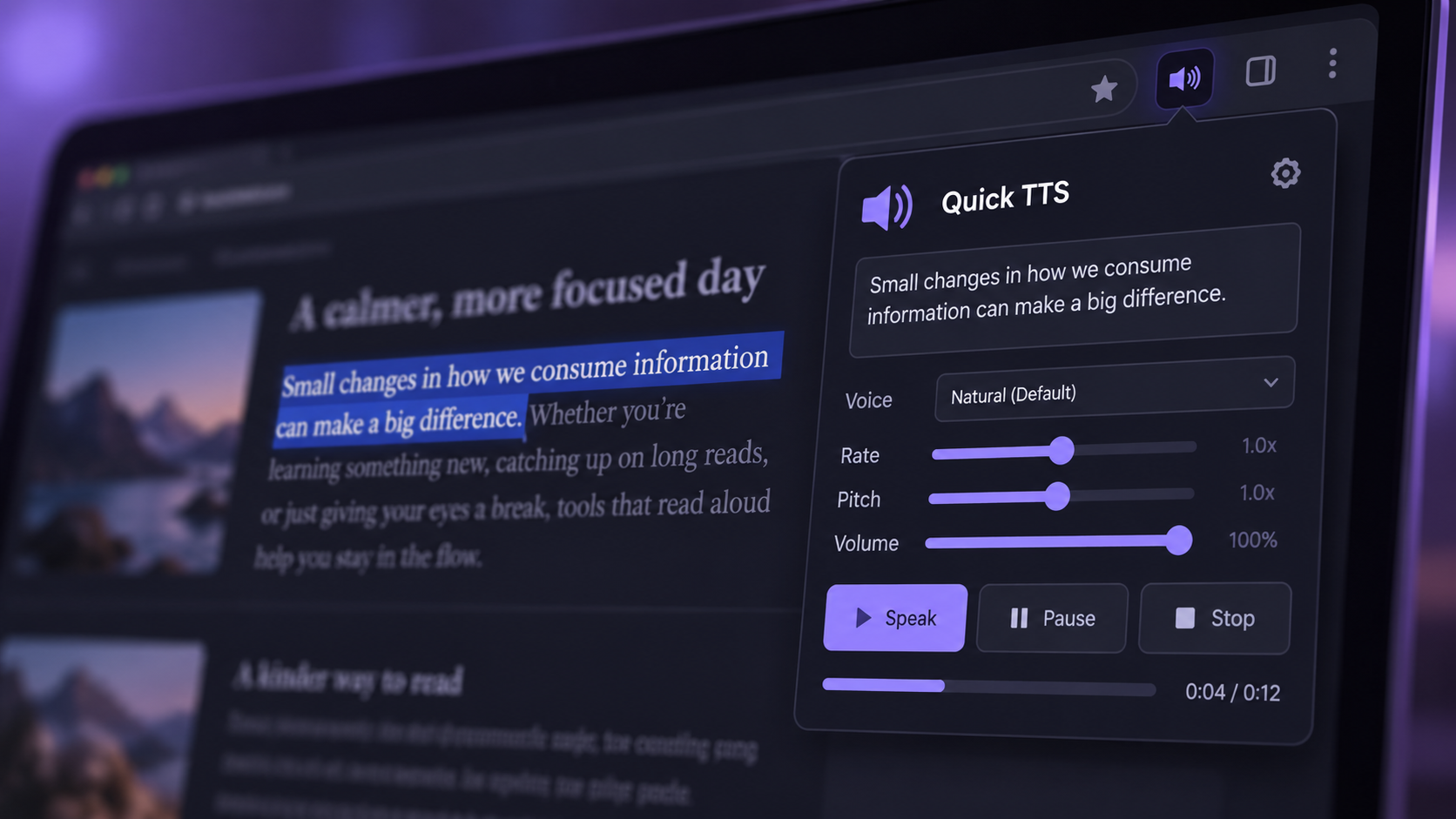 Concept image of Quick TTS pinned in a browser toolbar with its read-aloud controls open.